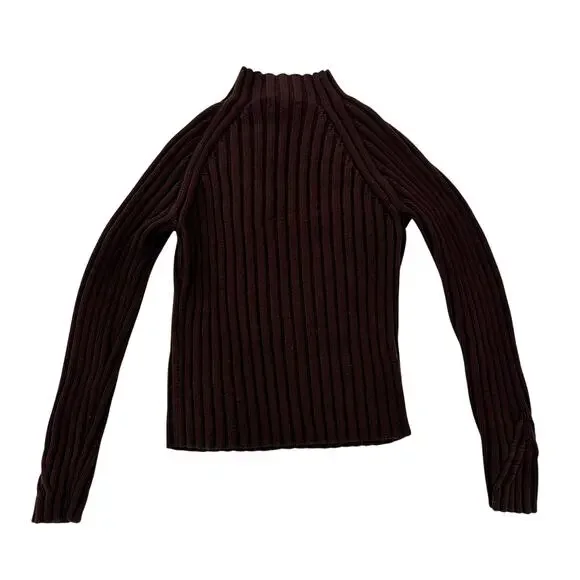 Ribbed Mock Neck Sweater Women's Small Brown Cotton Dark Academia Minimalist - Picture 2 of 16